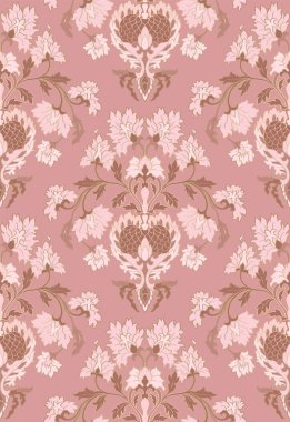 Süslü çiçeklerle kusursuz desen. Klasik çiçek desenli kumaş süsü. Duvar kağıdı, tekstil, halı ve herhangi bir yüzey için pembe arkaplan. 