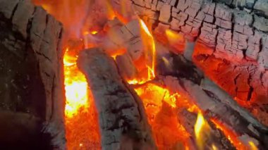 Odunların şöminede yandığı, parlak turuncu ve sarı alevlerin odunların etrafında çatırdadığı ve dans ettiği sıcak ve rahatlatıcı bir atmosfer yarattığı samimi bir video..