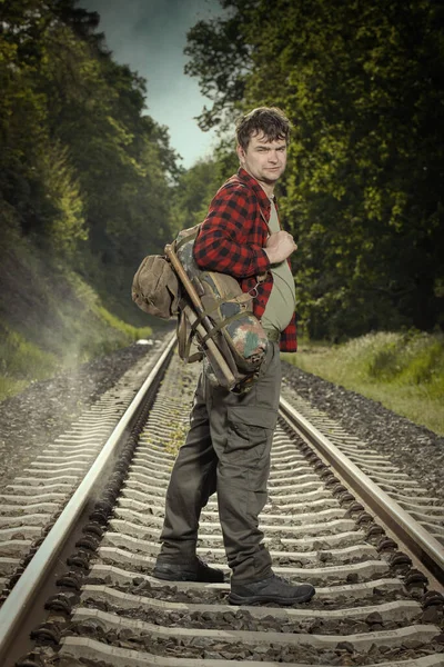 Adventurer Retro Haversack Wandering Nature Railroad Way — Stock Photo, Image