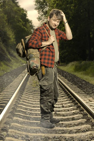 Adventurer Retro Haversack Wandering Nature Railroad Way — Stock Photo, Image