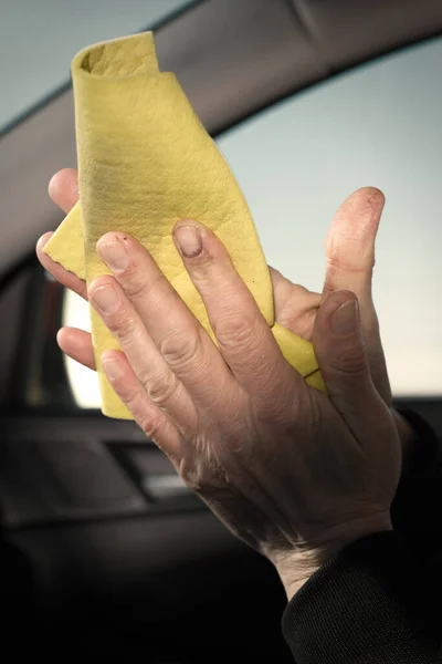 Older Man Take Care Annd Cleaning Car Interior Nature Parking — Stock Photo, Image