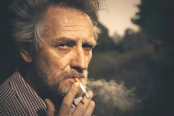 Wiek Mężczyzna Palenie Papierosów Parku Ostatnio Ciągu Dnia — Zdjęcie stockowe