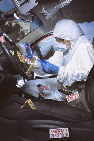 Investigação Cena Crime Encontrar Desenvolver Impressões Digitais Carro — Fotografia de Stock