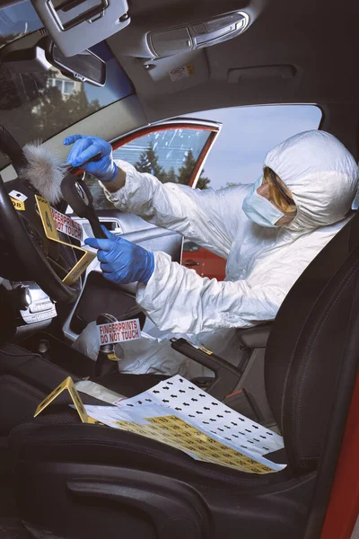 Investigación Escena Del Crimen Hallazgo Desarrollo Huellas Dactilares Automóvil — Foto de Stock