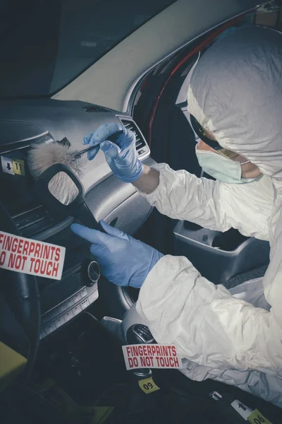 Investigación Escena Del Crimen Hallazgo Desarrollo Huellas Dactilares Automóvil — Foto de Stock