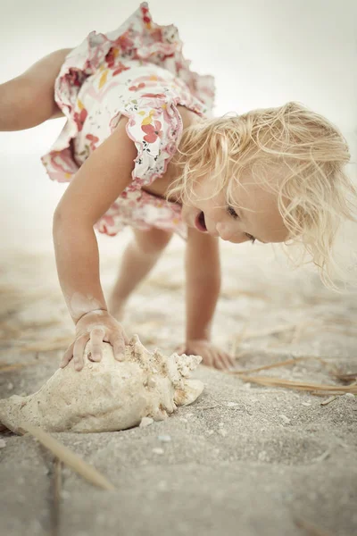 Two Half Years Old Girl Posing Sea Beach Giant Shell — Stock Photo, Image