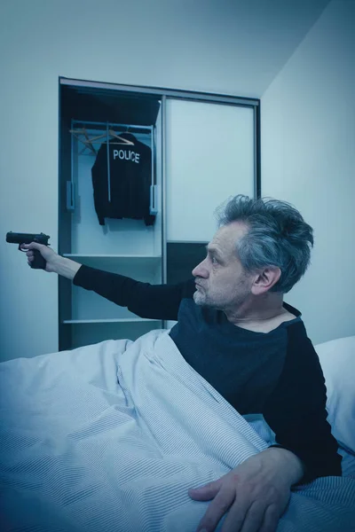 Police Officer Waking His Bedroom Afraid Intruder — Stock Photo, Image