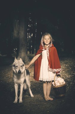 Küçük kırmızı başlıklı, yiyecek dolu bir sepet ormanın derinliklerinde kurtla karşılaştı.