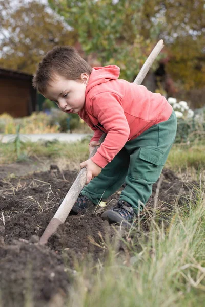 Kleiner Junge Spielt Bei Schönem Herbsttag Als Handwerker Garten — Stockfoto
