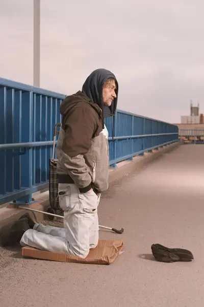 Senior Citizen Beggar City Overpass Begging Some Money Stock Photo