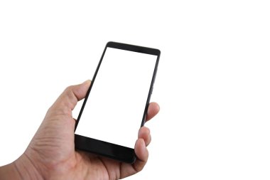 Beyaz ekran ve beyaz arka planda izole edilmiş modern tasarımı olan siyah cep telefonu akıllı telefonu. Model telefon