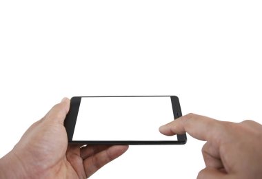 Beyaz ekran ve beyaz arka planda izole edilmiş modern tasarımı olan siyah cep telefonu akıllı telefonu. Model telefon