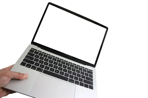 Hand Hält Laptop Oder Notebook Isoliert Auf Weißem Hintergrund — Stockfoto