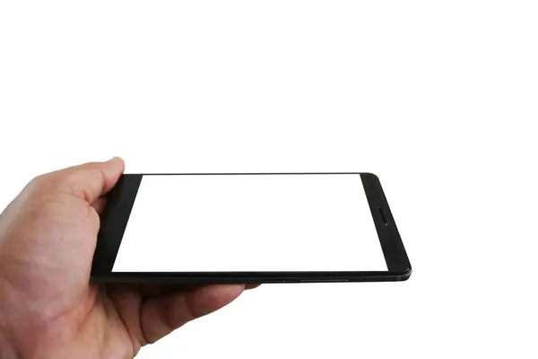 Hand Holding Black Cell Phone Smartphone Blank White Screen Modern — Stock Photo, Image