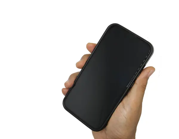 Hand Holding Black Phone Isolated White Background — Stock Photo, Image
