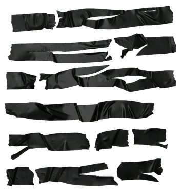 Kullanılan siyah selobant parçaları beyaz arkaplanda izole edilmiş.