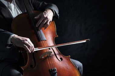 Kopya alanı ile izole edilmiş bir orkestra arka planında çalan çello çalar veya çellocu