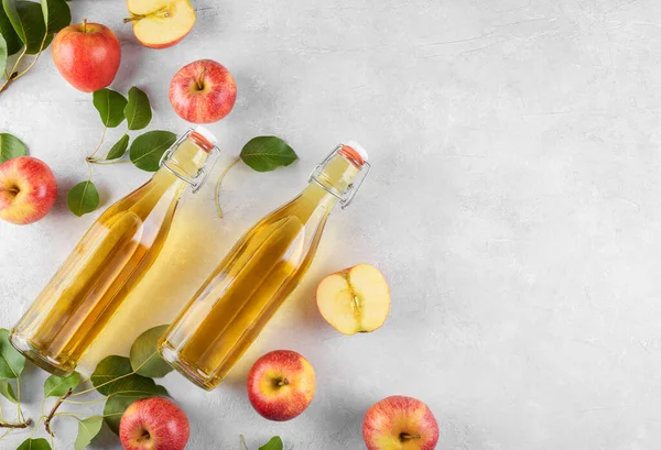 Apfelessig Aus Fermentierten Früchten Zwei Glasflaschen Mit Frischen Reifen Roten — Stockfoto