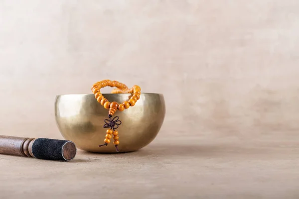 Tibetan Singing Bowl Stick Mala Beads Strands Used Mantra Meditations Royalty Free Stock Images