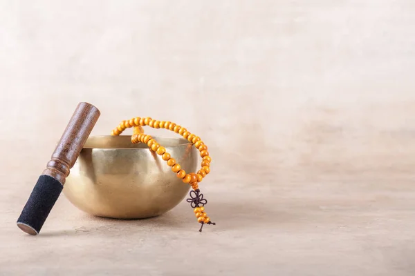 Tibetan Singing Bowl Stick Mala Beads Strands Used Mantra Meditations Royalty Free Stock Images