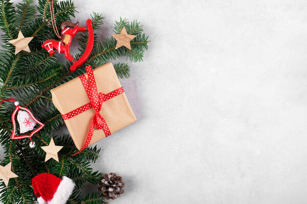 Christmas Background Natural Fir Branches Christmas Decoration Flat Lay Copy — Stock Photo, Image