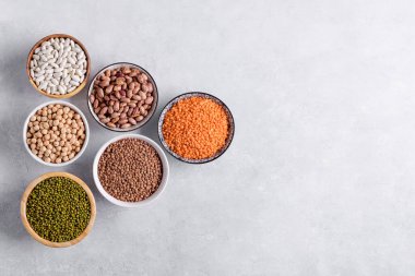Gri masada vejetaryen ve vejetaryen yemekleri için karışık baklagiller. Kırmızı lentin, beyaz fasulye, yeşil fasulye, kabında kızılcık fasulyesi sağlıklı dengeli beslenme için nabız, bitkisel protein kaynağı.