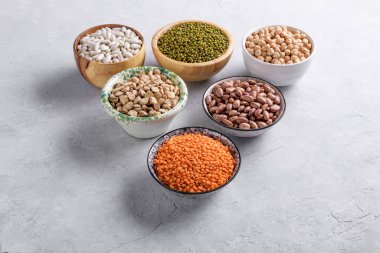 Gri masada vejetaryen ve vejetaryen yemekleri için karışık baklagiller. Kırmızı lentin, beyaz fasulye, yeşil fasulye, kabında kızılcık fasulyesi sağlıklı dengeli beslenme için nabız, bitkisel protein kaynağı.