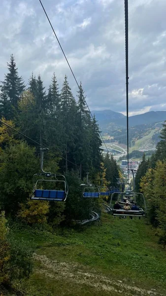 Empty ski lift at forest resort in autumn, Carpathian Ukraine. High quality photo