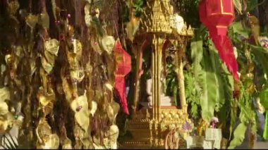 Geleneksel Tayland Buda sunağı para ve tütsü dolu sunak, renkli Lanna fenerleri. Dilekleri ve vaatleri olan altın yapraklı Bodhi ağacı. Seçici odak