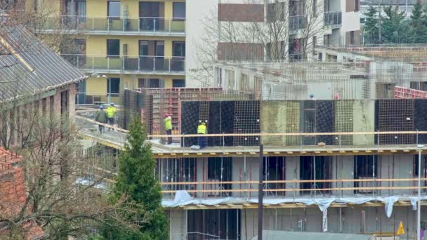 Construction Site Works Residential Building Rebar Tying Formwork Modern Condo — стоковое видео