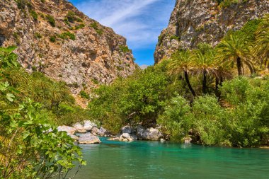 Açık güneşli bir günde Yunanistan 'ın güneyindeki Libya denizi, nehir ve palmiye ormanlarındaki Preveli plajı yakınlarındaki Kourtaliotis nehri ve kanyonu manzarası. Seyahat yerleri, vadi, bulutlu mavi gökyüzü, yaz
