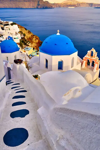 Krásný Výhled Ostrov Santorini Vesnice Nebo Město Řecko Slunci Bílé — Stock fotografie