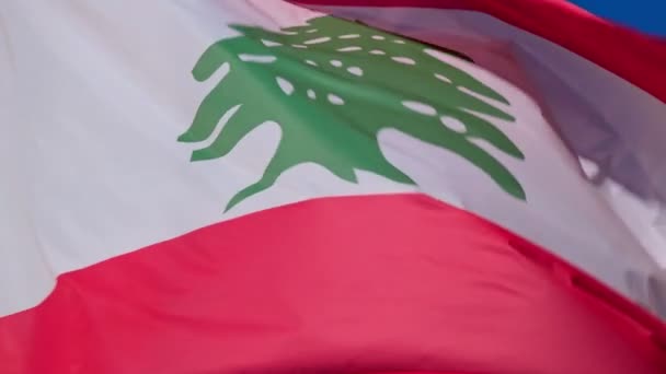 Açık Güneşli Bir Günde Rüzgarda Dalgalanan Lübnan Ulusal Bayrağının Yakın — Stok video