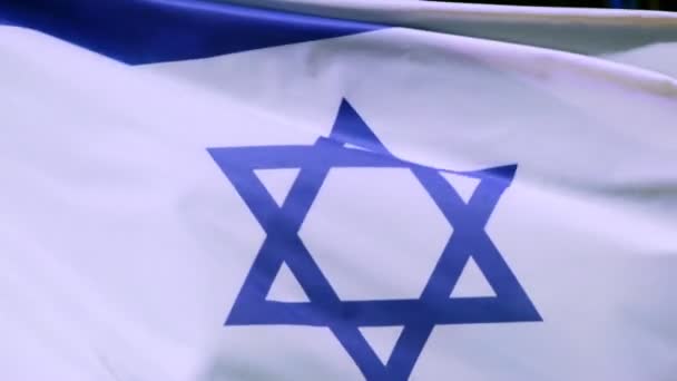 Κοντινό Πλάνο Της Εθνικής Σημαίας Του Ισραήλ Που Κυματίζει Στον — Αρχείο Βίντεο