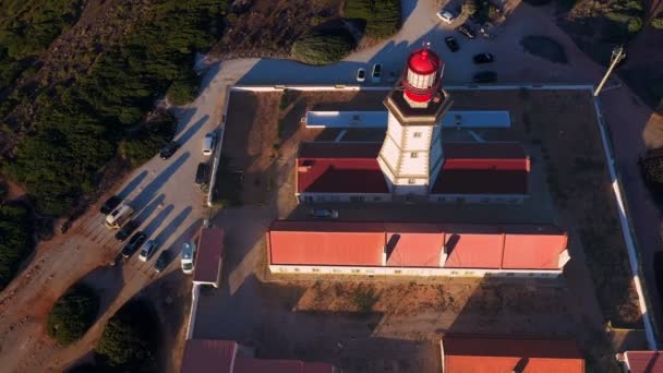 Revelación Aérea Drone Disparo Faro Cabo Espichel Cabo Espichel Atardecer — Vídeos de Stock