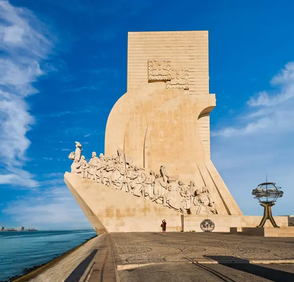 stock image Monument to Discoveries or Padrao dos Descobrimentos to Age of Exploration, shaped as ship woth statues of Prince Henry the Navigator and great people of Portuguese seafarers history, Lisbon, Portugal