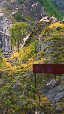İtalya, Carrara, Toskana 'daki Apuan Alps dağlarındaki terk edilmiş mermer ocağının üzerinden havadan çekilen görüntü. İnsansız hava aracı yüksek ormanlık kayaların ve endüstriyel atıkların önünde parlak güneş ışığına karşı eğiliyor.