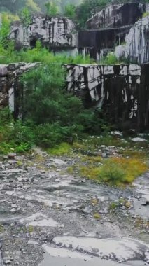 Terk edilmiş mermer ocağı, Apuan Alps dağları, Carrara, İtalya 'da yükselen insansız hava aracı görüntüsü. Siyah beyaz yaşlanmış ve yıpranmış ünlü Carrara mermeri, yemyeşil yaprakları.