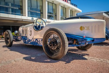 Lisbon, Portugal - Sep 29, 2024: Rear view of unique custom car Felcom, Portugal, 1930s, on sunny day. Constructed in 1933, from parts of Ford A and Turcat-Mery as race car with rear body end as boat clipart