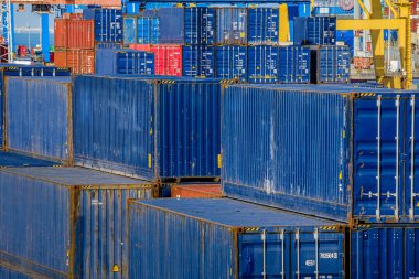 Close view of rows of blue cargo containers stacked at docking station in sunny day. Cranes in the background ready to load and unload cargo, maritime trade, shipping yard, storage, global logistics clipart