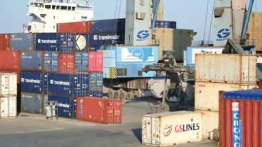 13 Mar 2024 - Lizbon, Portekiz: Güneşli bir günde ticari liman veya nakliye terminalinin konteynır alanındaki konteynerler arasında istifçilere ulaş. İş, lojistik, ithalat, ihracat