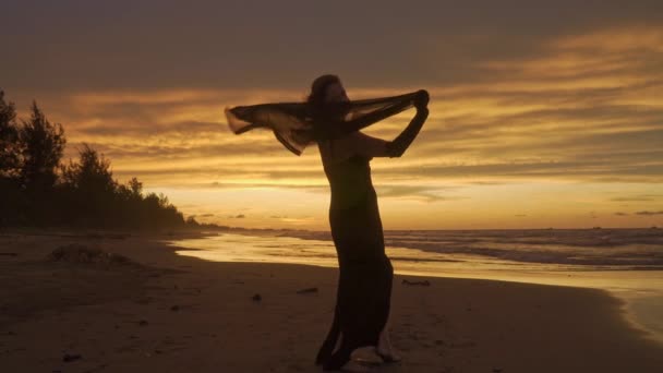 Joven Chica Romántica Feliz Está Pie Bailando Playa Del Atardecer — Vídeos de Stock