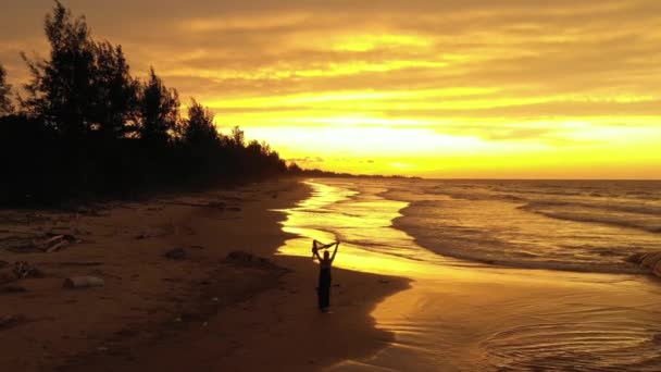 日没時にビーチでスカーフダンスをするエレガントな女性ドローンビュー 波と海 グラマラスな女性で黒長いドレス — ストック動画