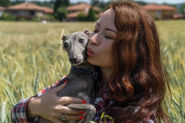 Vista Cerca Mujer Feliz Con Perro Galgo Medio Campo Trigo — Foto de Stock
