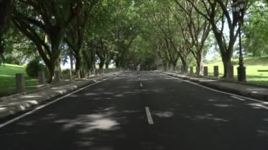 Sarıklı, renkli şık elbiseli Asyalı kadın parktaki gölgeli ağaçların altında asfalt yolda dans ediyor. Ağaçlar arasında hareket eden bir kadının portresi