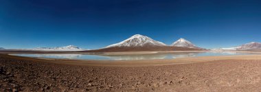 Bolivya Altiplano 'da çarpıcı bir manzara. Bolivya 'da dağlar ve göl. Bolivya Altiplanosunun panoramik görüntüsü
