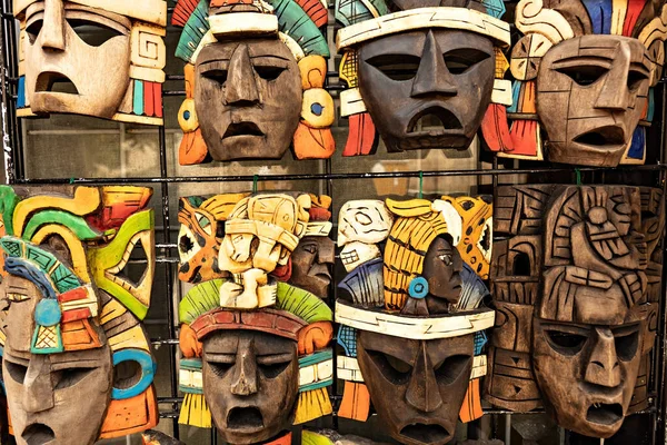 stock image Mexican wooden masks collection in the souvenir shop