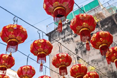 Chinese New Year celebration in Bangkok Chinatown. Red chinese lanterns in the temple