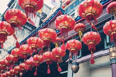 Chinese New Year celebration in Bangkok Chinatown. Red chinese lanterns in the temple