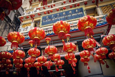 Chinese New Year celebration in Bangkok Chinatown. Red chinese lanterns in the temple